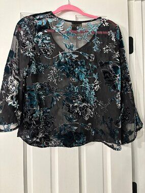 W5 Sheer Teal & Black Floral Velvet Burnout Blouse - Size Medium